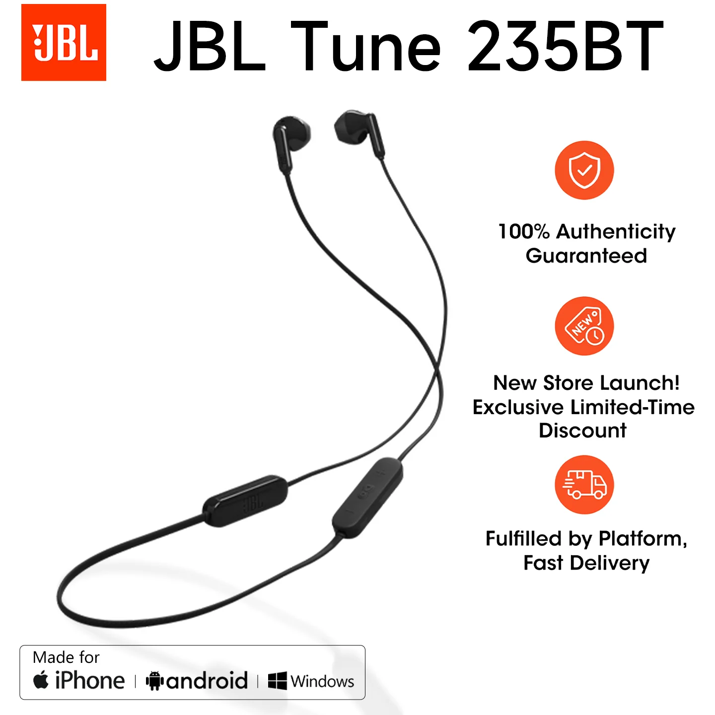 JBL Tune 235BT Neckband Sports Headphones, Quick Charging, Ultra-Light, Wireless Headphones, Semi-Earbud Wireless Headphones