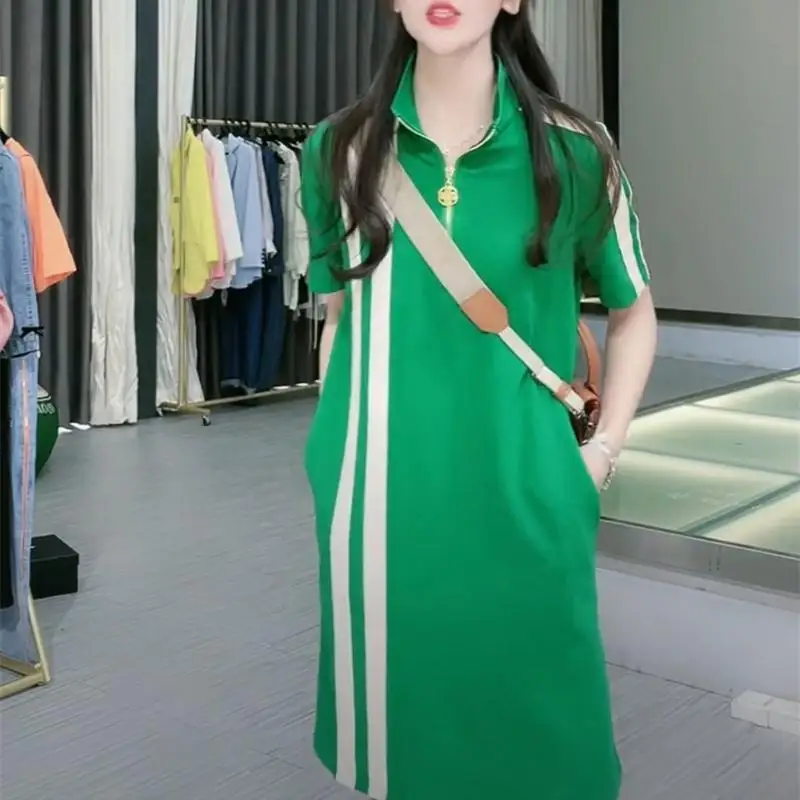 2024 Women\'s Clothing Summer Mid Length Version Short Sleeve Polo-Neck Pullovers StripedFashion Young Style XiaoxiangfengDresses