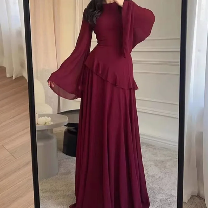 

Modest Women's Elegant Flare Sleeve Long Ruffled Dress Breathable Chiffon Autumn Spring Maxi Gown Evening Party Dresses
