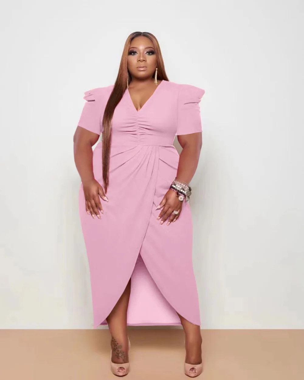 Plus Size Dresses Summer V Neck Short Sleeve Split Ankle Length Dress Casual Elegant Vintage Women Clothings Club Party Robes