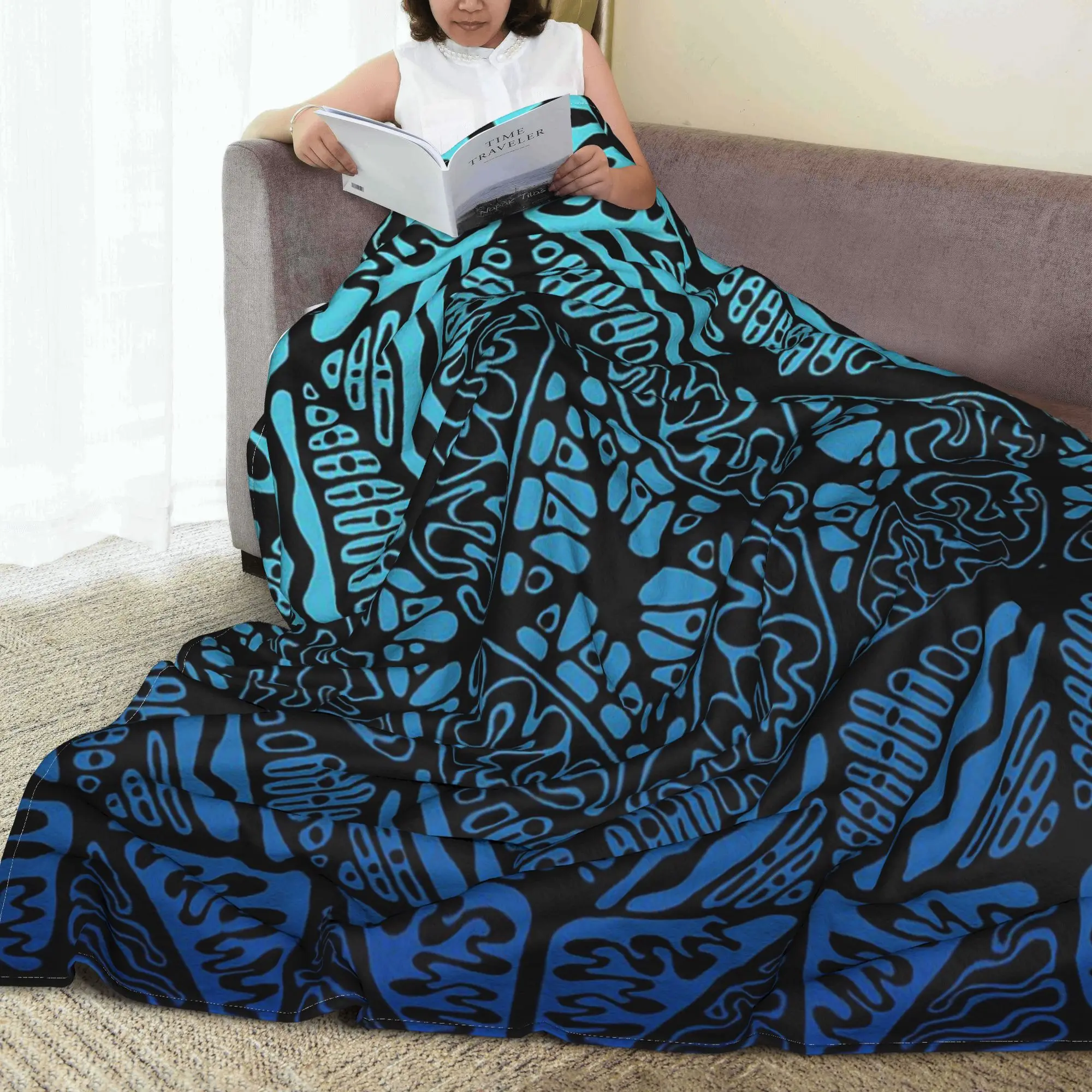 Hand-drawn Black and Teal Blue Ombre Pattern Blankets Multi-function Flannel Sofa Throw Blanket for Couch Bedding Office