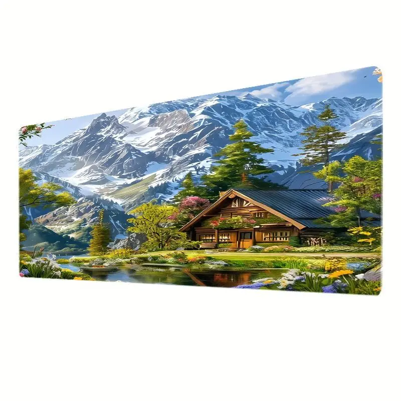 Dream Landscape Large Mouse Pad, Nature Theme, Snow-Capped Mountains, Green Trees And Cabins,  High-Quality Desktop Additions