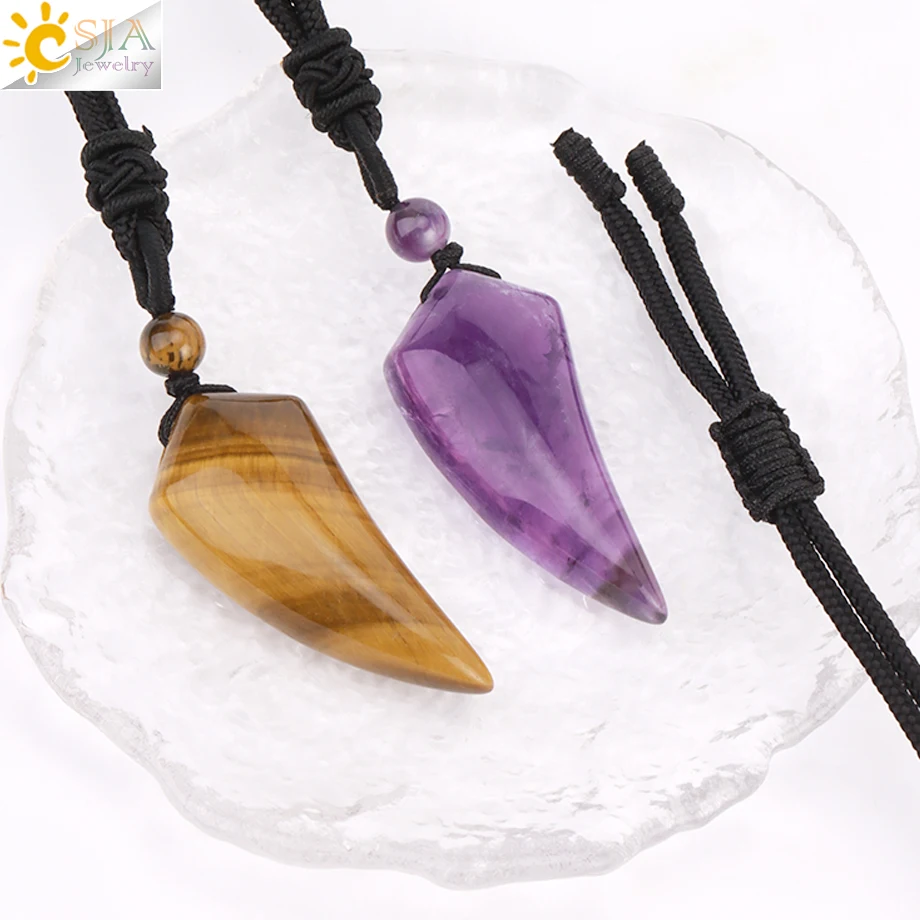 Natural Stone Wolf Tooth Pendant Necklace for Man Black Obsidian Amethyst Tiger Eye Clear Crystal Pendants Jewelry Women H247