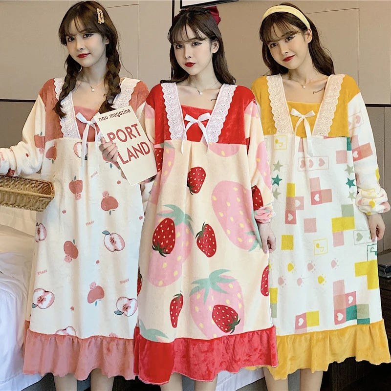 

2025 Winter Sweet Lace Princess Long Sleeve Thick Warm Flannel Nightgowns for Women Korean Cute Sleepwear Night Dress Nightdress