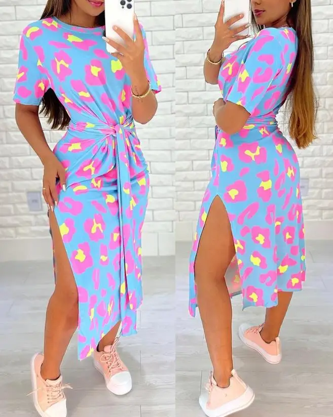 

Women's Urban Dress 2024 Spring Summer Latest Round Neck Pink Leopard Print Tied Detail Slit Short Sleeve Maxi Dress Long Skirt