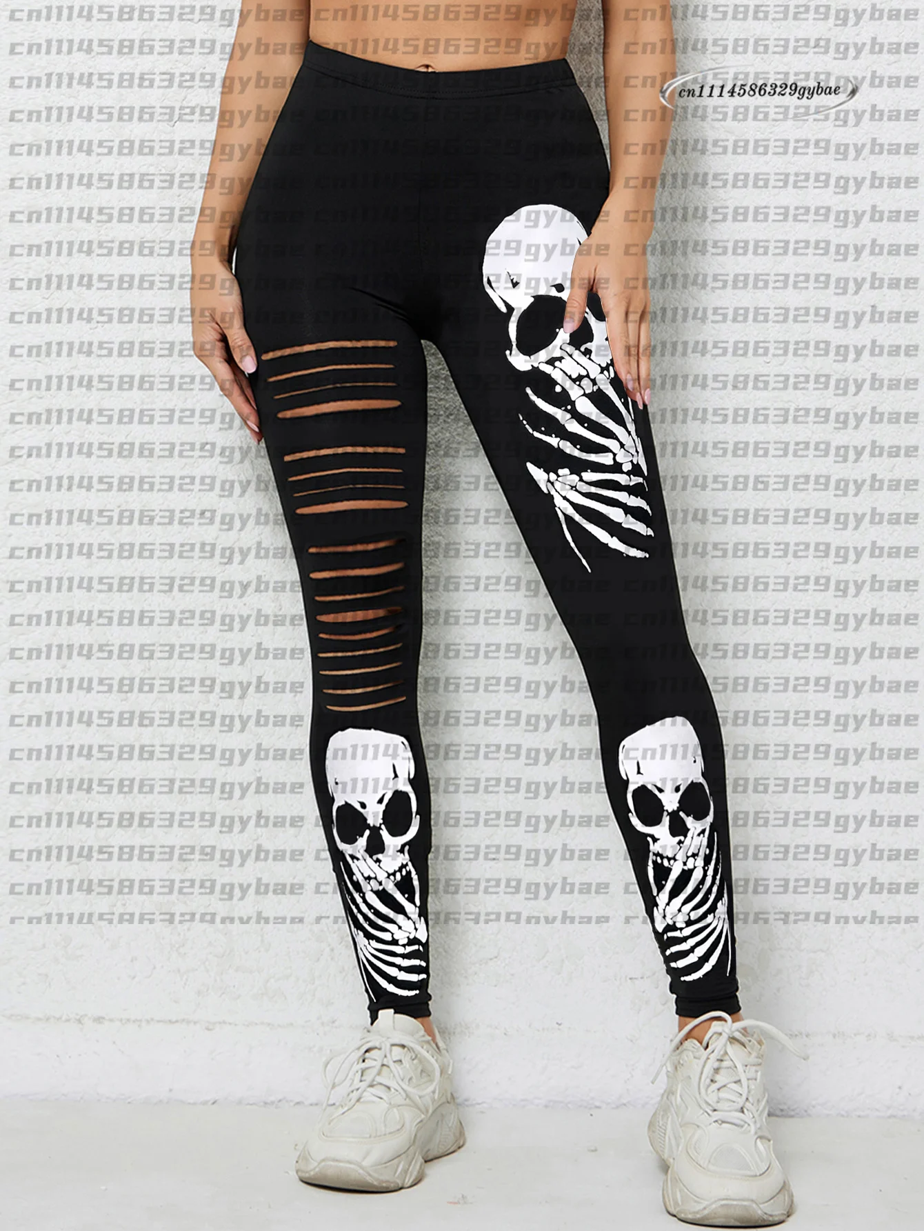 2026 Europe And The United States Skull Printed Nine-point Pants Halloween Hole Leggings Personality Creative Style