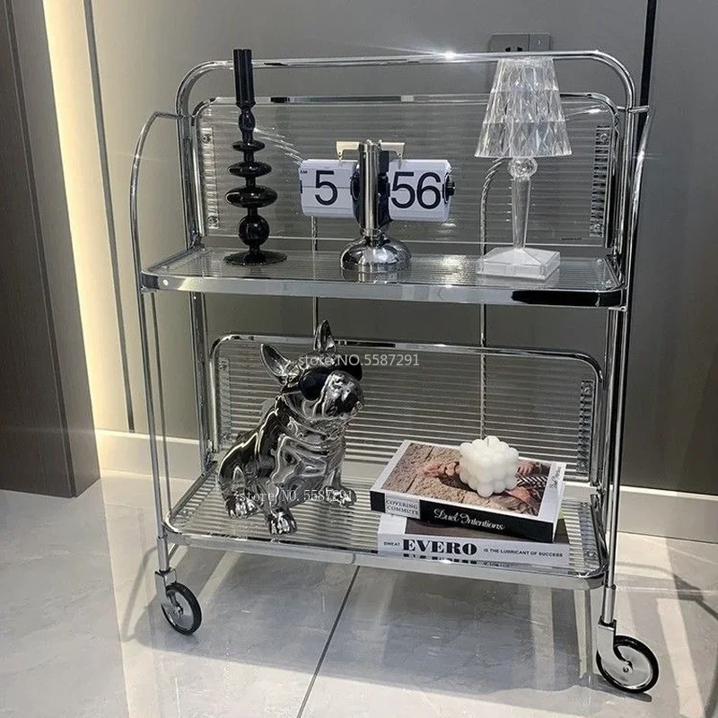 Transparent Glass Dining Car Trolley Home Kitchen Bar Wheel Table Foldable Side Table Living Room Bedroom Mobile Shelf Furniture