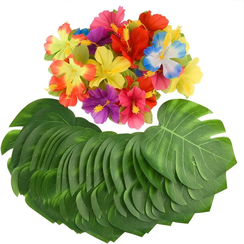 

Tropical Monstera Leaves Hibiscus Flower Hawaiian Luau Leaves Tropical Party Jungle Beach Table Decoration Wedding Birthday