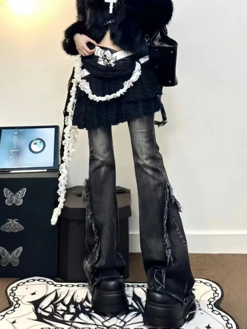 Harajuku Women\'s Black Gothic Baggy Flare Jeans Y2k Aesthetic Denim Trousers Punk Jean Pants Vintage 2000s Trashy Clothes 2024