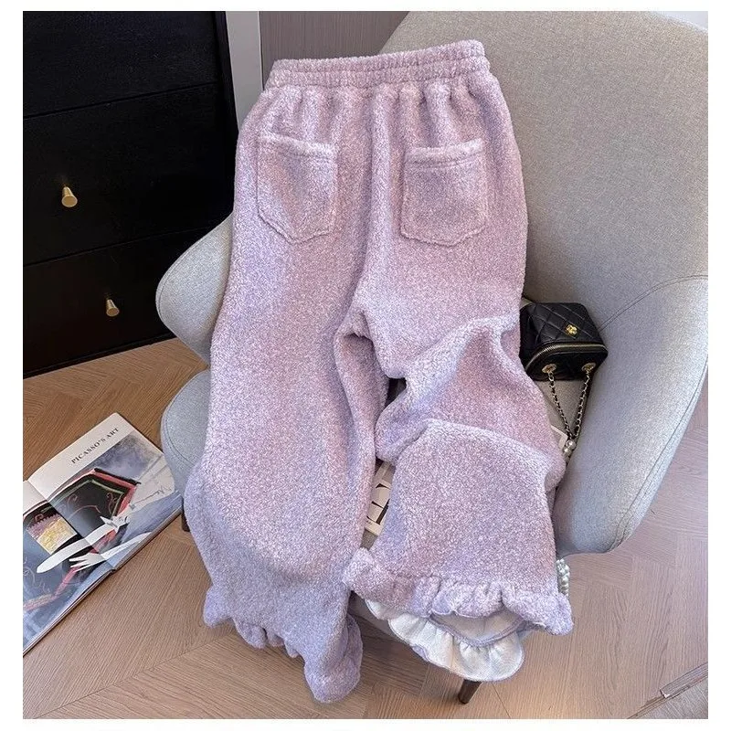 優しい秋と冬のフロッキー加工レディース伸縮性ハイウエストポケット付きおしゃれカジュアル暖かいパンツ