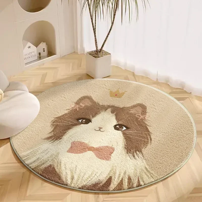 Living Room Large Area Round Carpet Cartoon Animal Pattern Children's Mats Girl's Bedroom Cream Comfortable Bedside Plush Rug