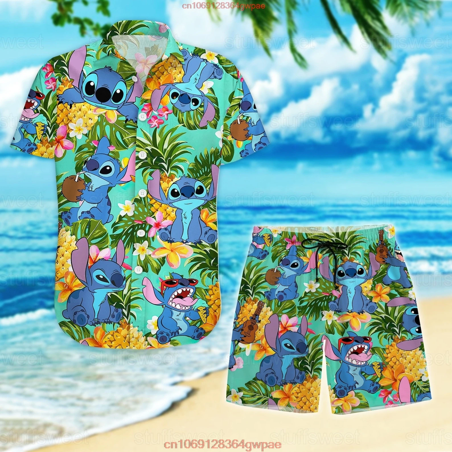 Disney Stitch Men Women Hawaiian Shirt Set of 2 Vintage Button Up Shirt Board Shorts Casual Set Summer Disney Hawaiian Shirt Set