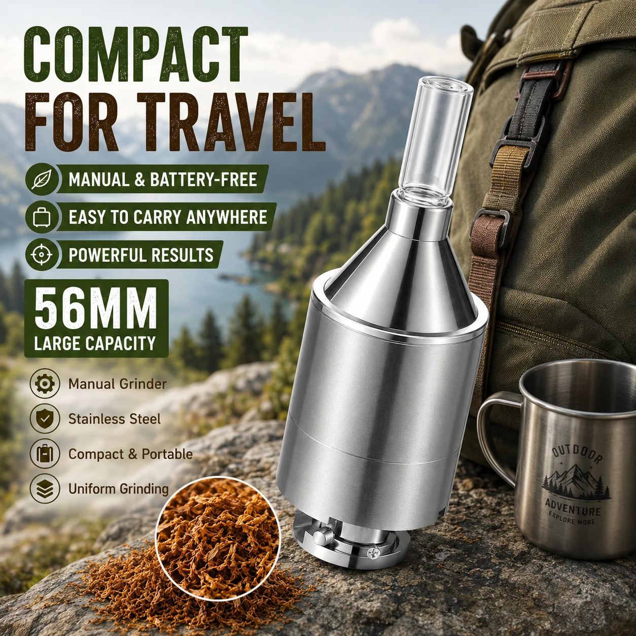 56mm Large Hand Metal Powder Grinder Hand Crank Spice Funnel Food Container Tool Manual Herb Mill with Storage Jar Fine Powder Maker for Kitchen Cooking Baking Seasoning Coffee Tea Nuts Portable Durable Easy Clean Grinder Accessory Set Pack view 8