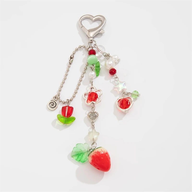 Creative Tulip Flower Keychain Tassel Ball Chain Strawberry Pendant Accessories Bag Decorative Keychain Y2K Handcrafted Beaded