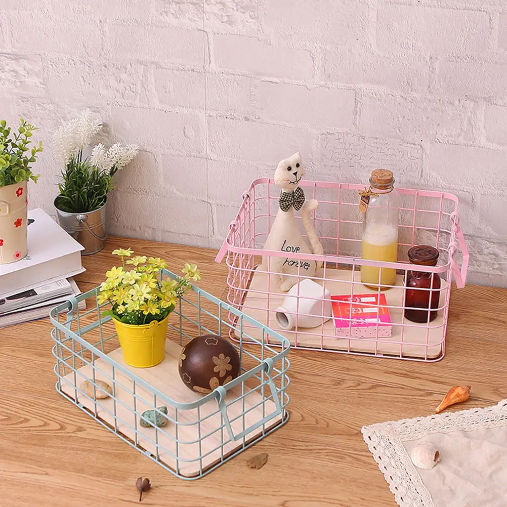 

1Pcs Metal Grid Storage Basket Iron Art Design with Side Handles Portable Kitchen Bathroom Organizer for Fruits Vegetables