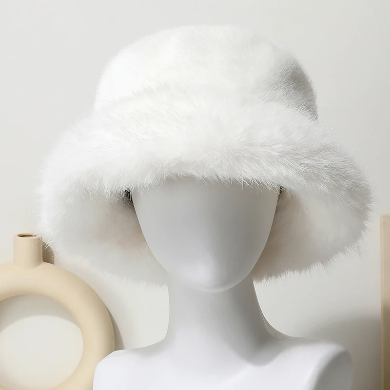 Big Faux Fur Bucket Hat for Women Thick Plush Warm Lovely Fluffy Winter Hat Lady Luxury Fashion Furry Panama Fisherman Cap view 4