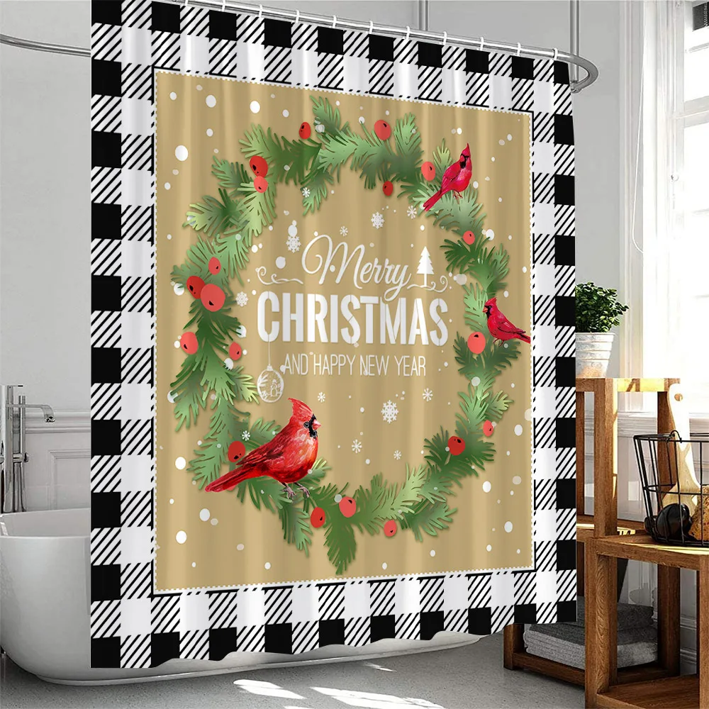 

Xmas Wreathe Christmas Shower Curtain Scottish Pattern Deer Red Birds Happy New Year Bathroom Decor Polyester Bathtub Curtain