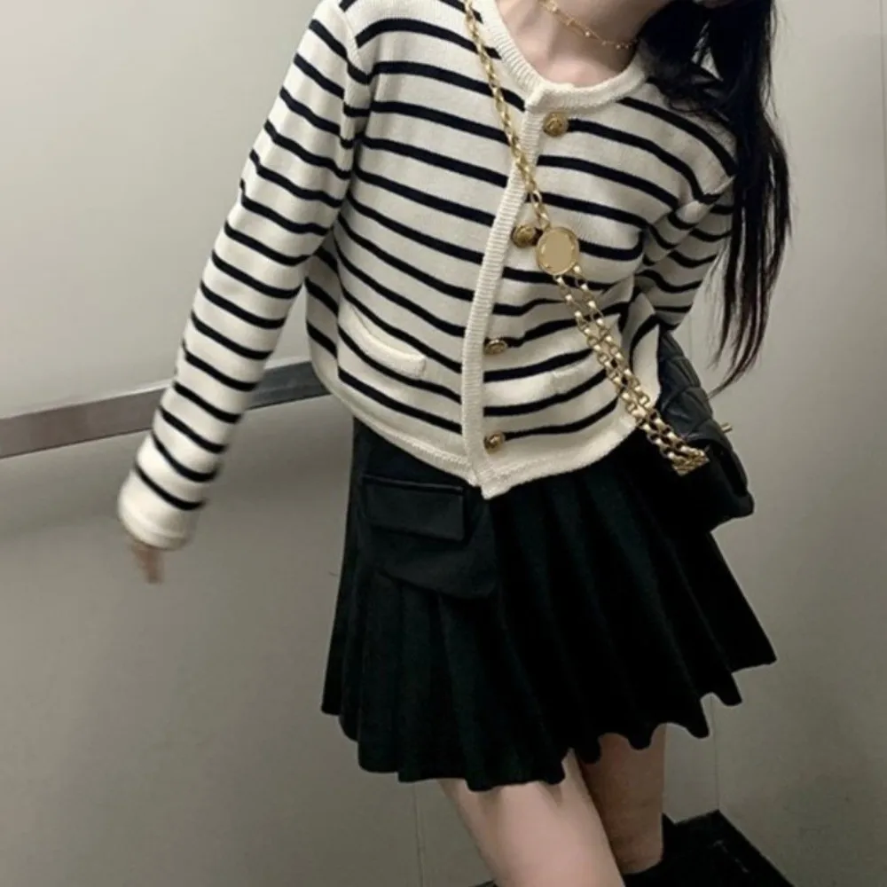 Long Sleeve Striped Cardigan Shirt Sweaters Single Breasted Round Neck Crochet Sweaters Ladies Short Tops Preppy Style