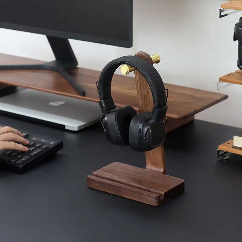 

Walnut Wood & Brass Headphone Stand Premium Over-Ear Headset Holder with Cable Organizer & Phone Dock Vintage Desktop Display