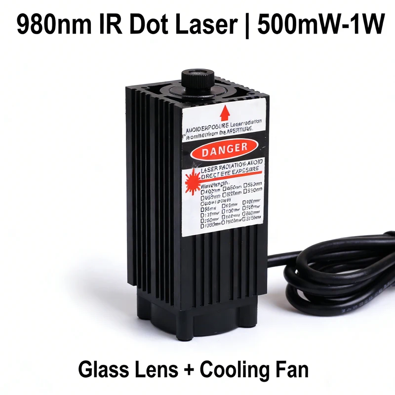 

980nm IR Dot Laser Module | 500mW-1W | Glass Lens with Cooling Fan | for Lab Teaching/Flashlight | w/Bracket & Adapter