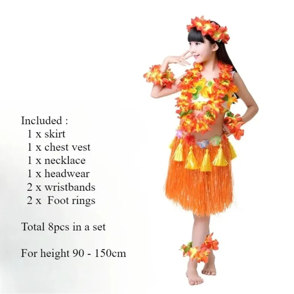 

7/8Pcs Costume Hawaiian Hula Skirt Set Headband Necklace Bra Hula Dancer Costume Wristbands Hawaiian Costumes Kids Fancy Dress