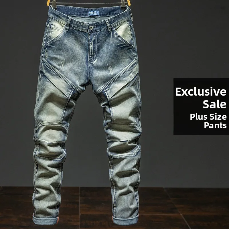 

American Retro Mud Dye Workwear Jeans Men's Large Size Trendy Fatsters Elastic Long Trousers Harlan Sle Cotton Polyester Blend