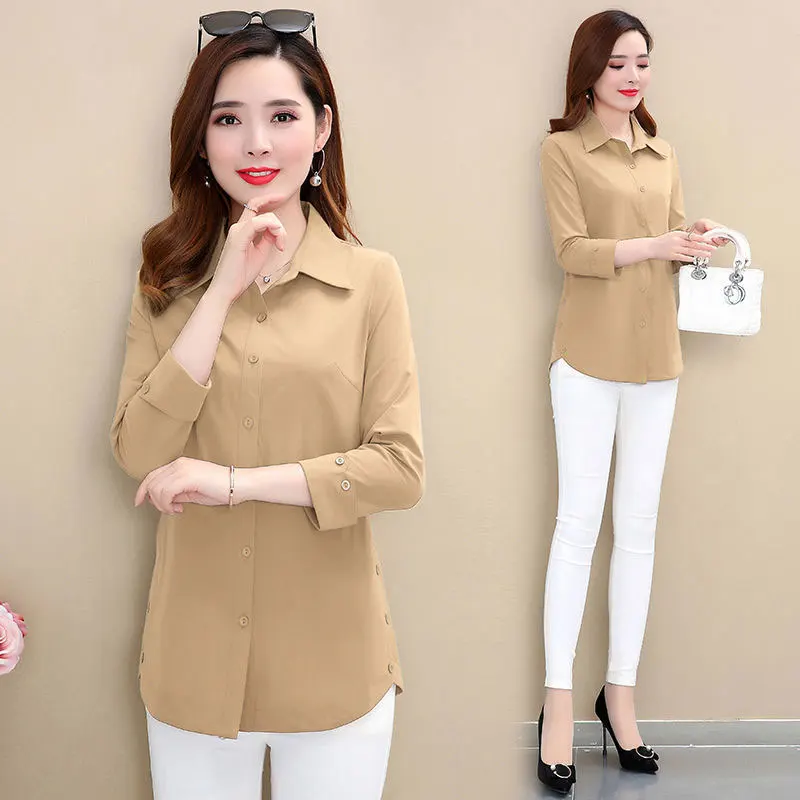 Women\'s Spring Fashion Simplicity Solid Color Polo Collar Long Sleeve Shirts Women Clothes Office Lady All-match Elegant Tops