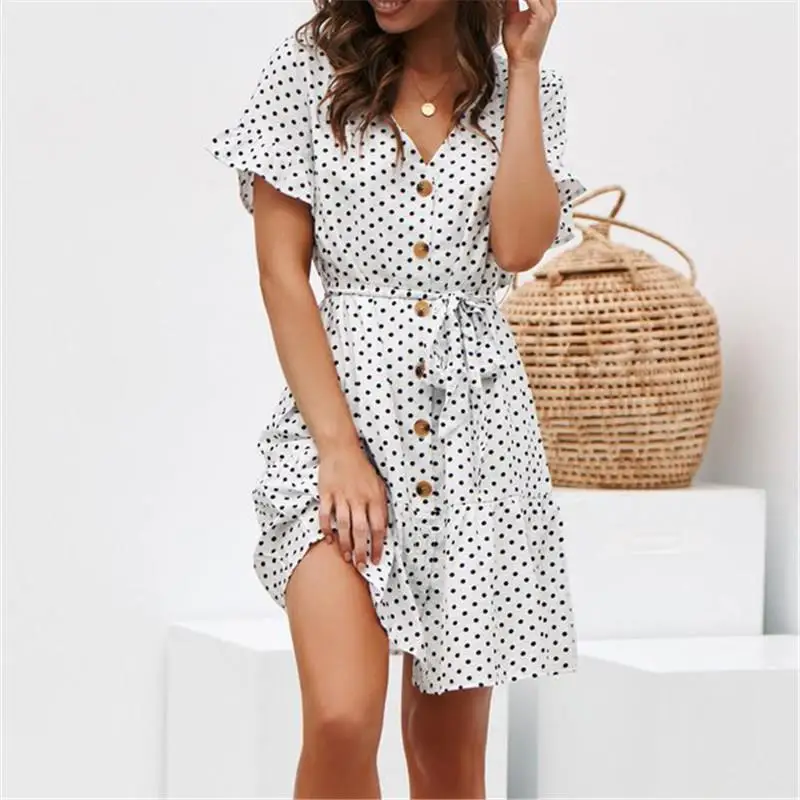 Fashionable Summer Polka Dot Print V-Neck Short Sleeve Dress with Belt Loose Fit Street Style City Walk Polyester Fiber Dress