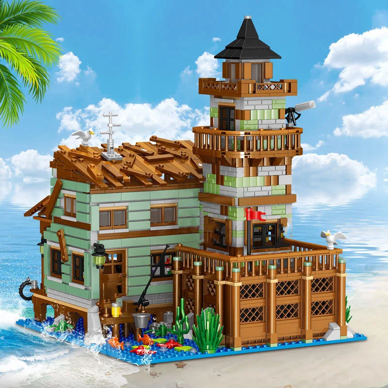 Micro Fisherman Cabin Wharf bloques de construcción modelo de casa de madera, vista de la calle, pueblo de pesca, ladrillos, ensamblar, juguete, regalo para niños