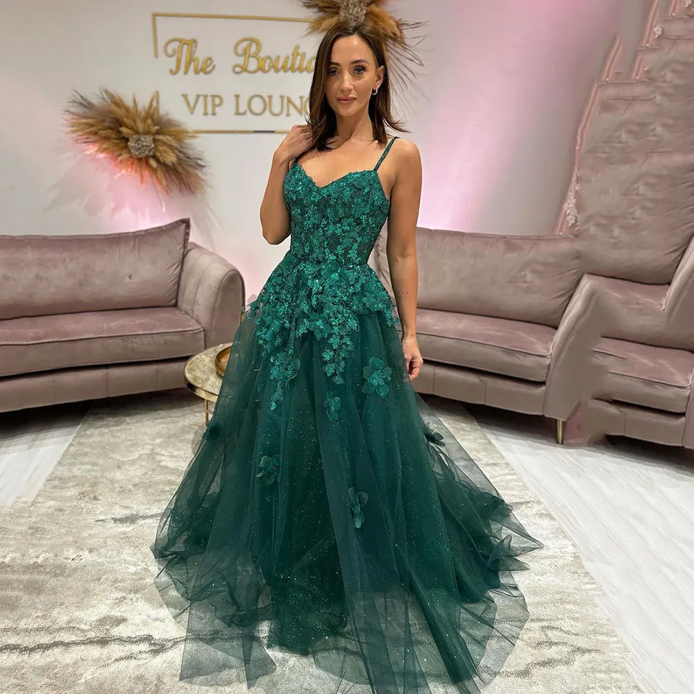 Msikoods-vestidos de tul verde para fiesta de boda, apliques de encaje con purpurina, vestido de noche con flores brillantes, vestidos de fiesta de desfile