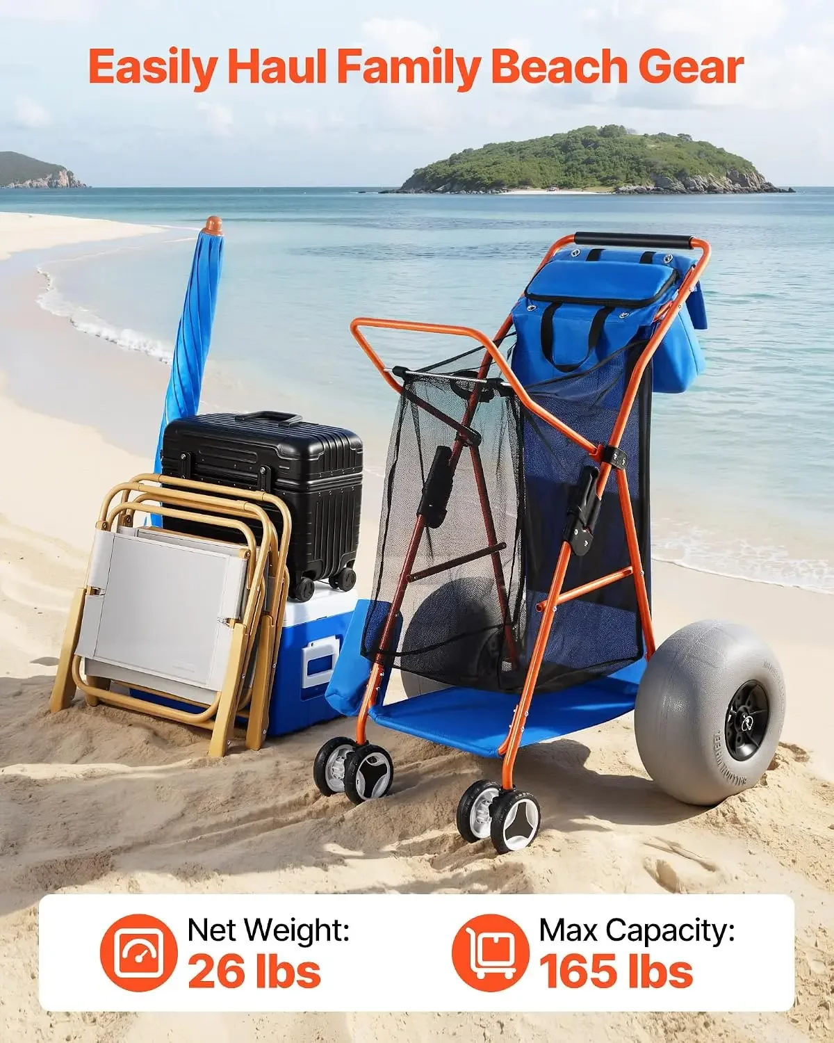Beach Cart with Large Wheels for Sand, 165 lbs Load Capacity, Heavy Duty Folding Beach Wagon with 12