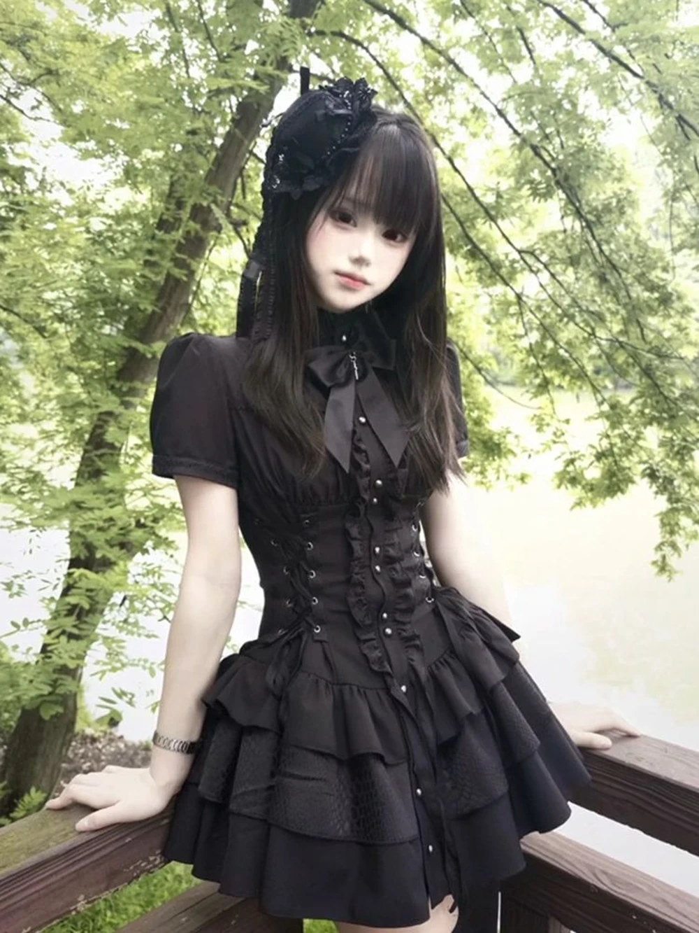 Damen Gothic Mini-Kleid Vintage Spitze Y2k Knopfdesign Streetwear Lolita Slim Kleid Kurzarm Elegantes Kleid Spicy Girls – Detail 5
