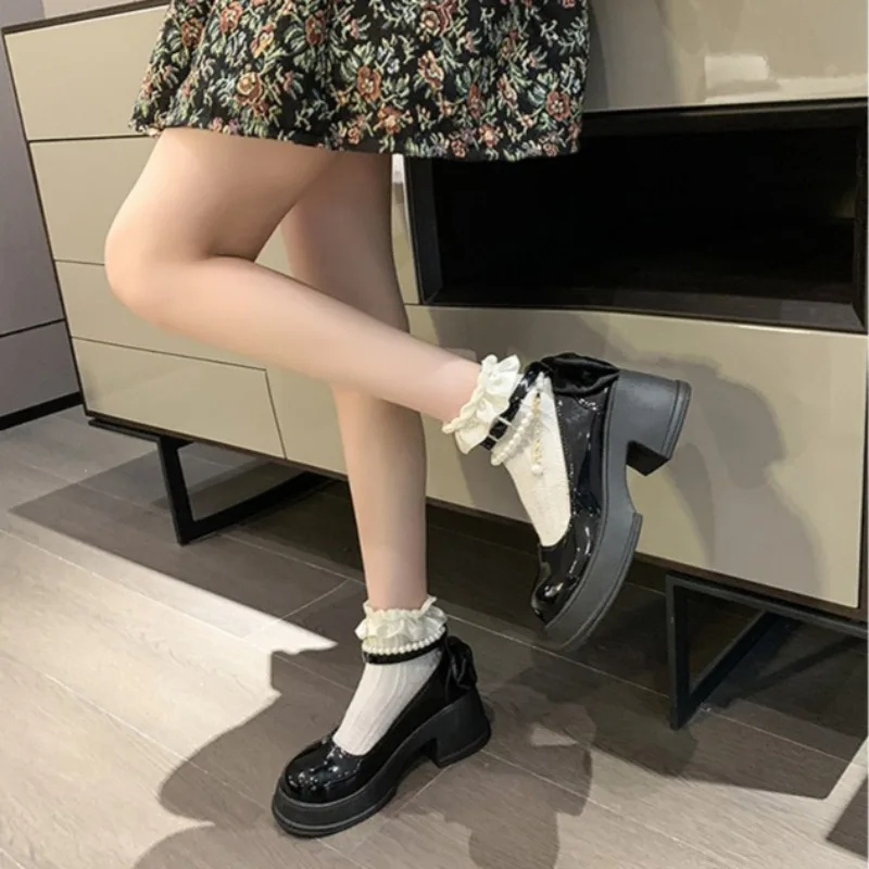 Women Thick Platform Mary Janes Lolita Shoes Party Pumps Summer Heels Oxford Shoes Vintage Womens Pumps Shoes Bow Chain Tacones