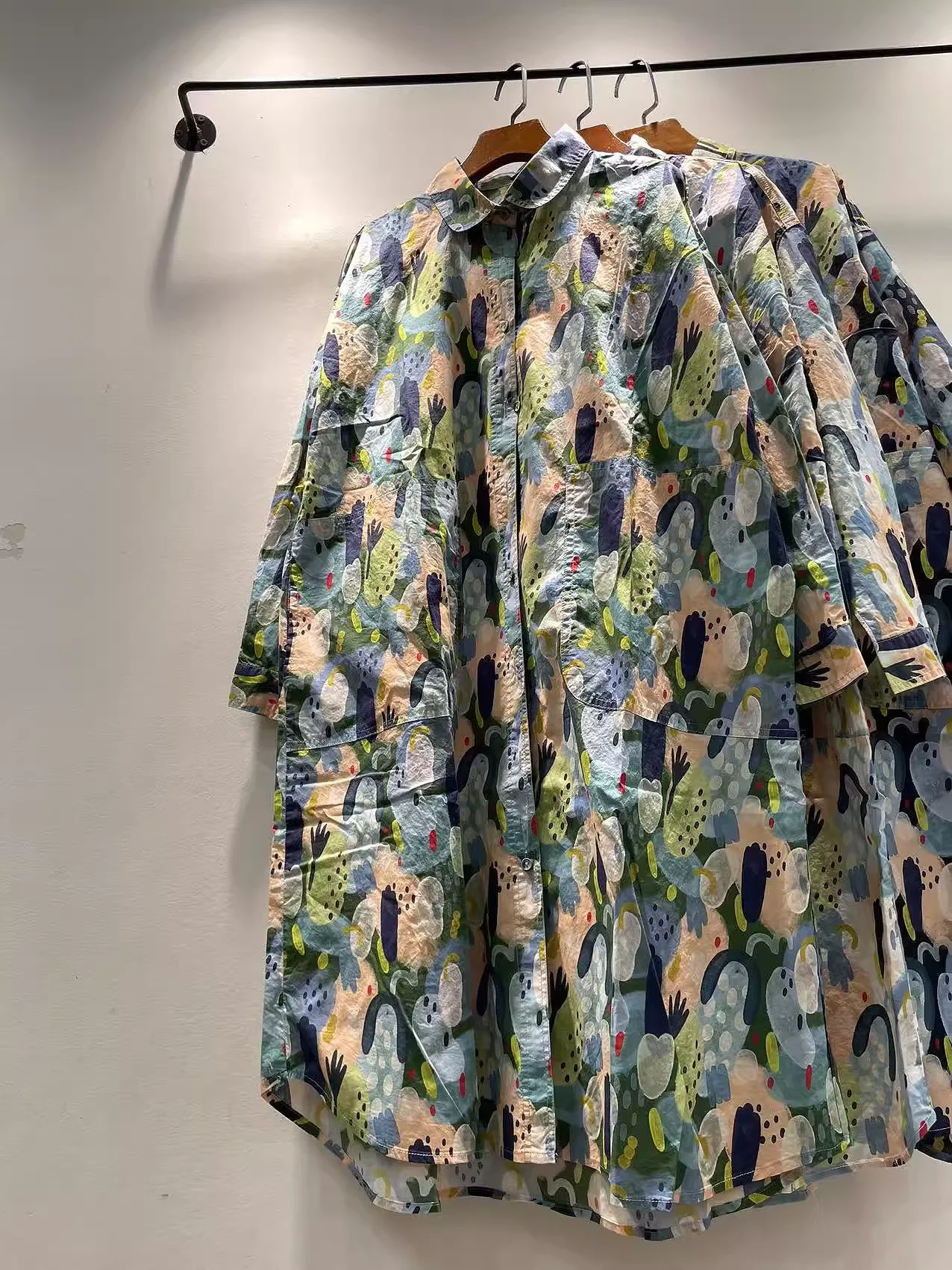 플러스 사이즈 가을 여성 의류 100% 코튼 만화 프린트 셔츠 드레스 여성용 하라주쿠 패션 하프 슬리브 블라우스 드레스