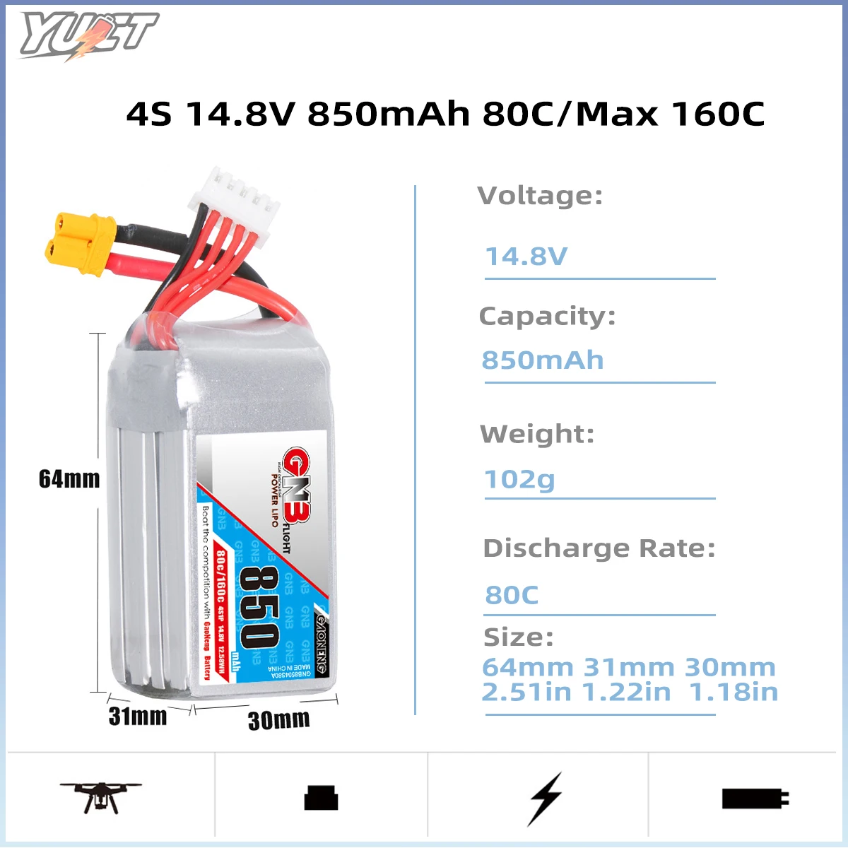 YUCT GAONENG GNB 4S 14.8 800mAh 80C/160C HV Lipo Battery For FPV Long Racing Drone 4 Axis RC Quadcopter Drones XT30/XT60 Plug