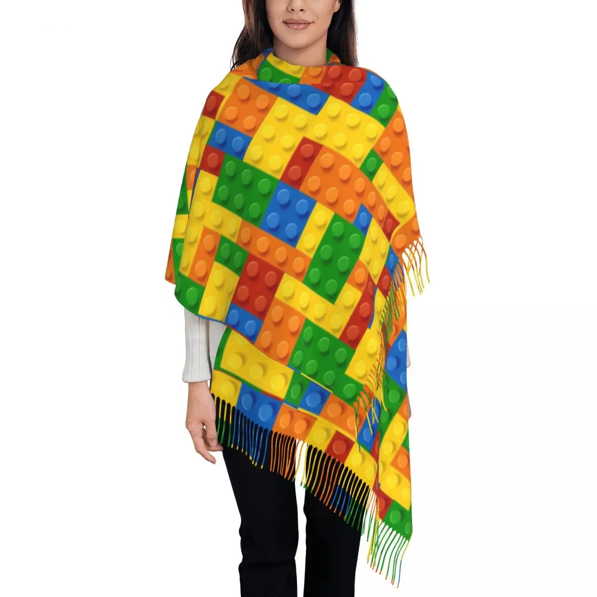 

Строительные блоки Печатный шарф с длинной кисточкой кирпич сохраняет тепло шали и обертывание женские большие шарфы Зимние Повседневные Bufanda