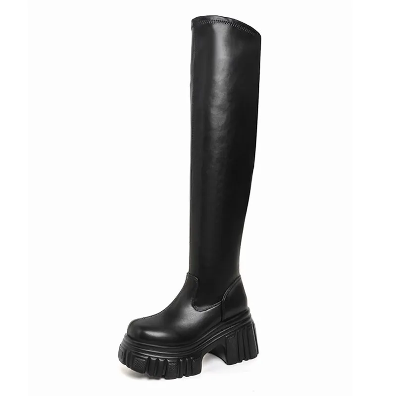 Womens Black Gothic Platform Wedge Over-the-Knee Boots 2027 New Y2K Stretch Faux Leather Round Toe High Heel Goth Clubwear Shoes