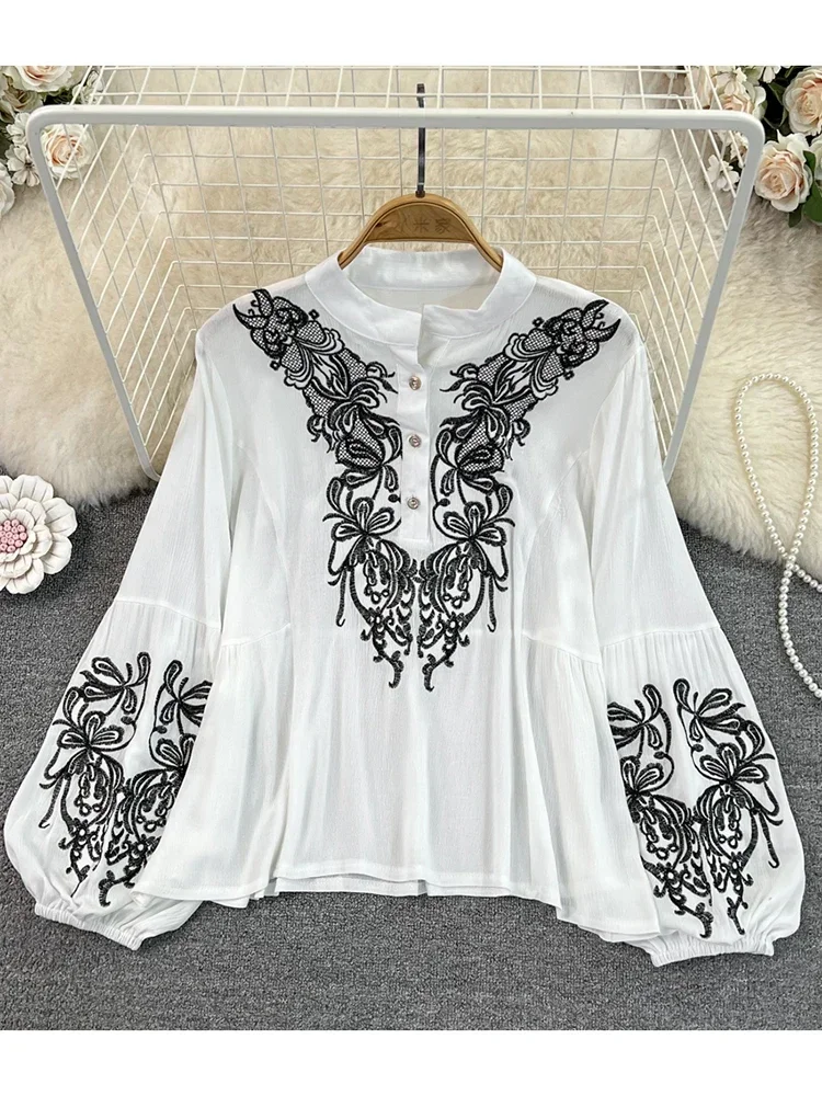 Women Spring Blouse Retro Ethnic Style Lantern Long Sleeve Round Neck Embroidered Loose Cotton Linen Shirt Casual Top D3548