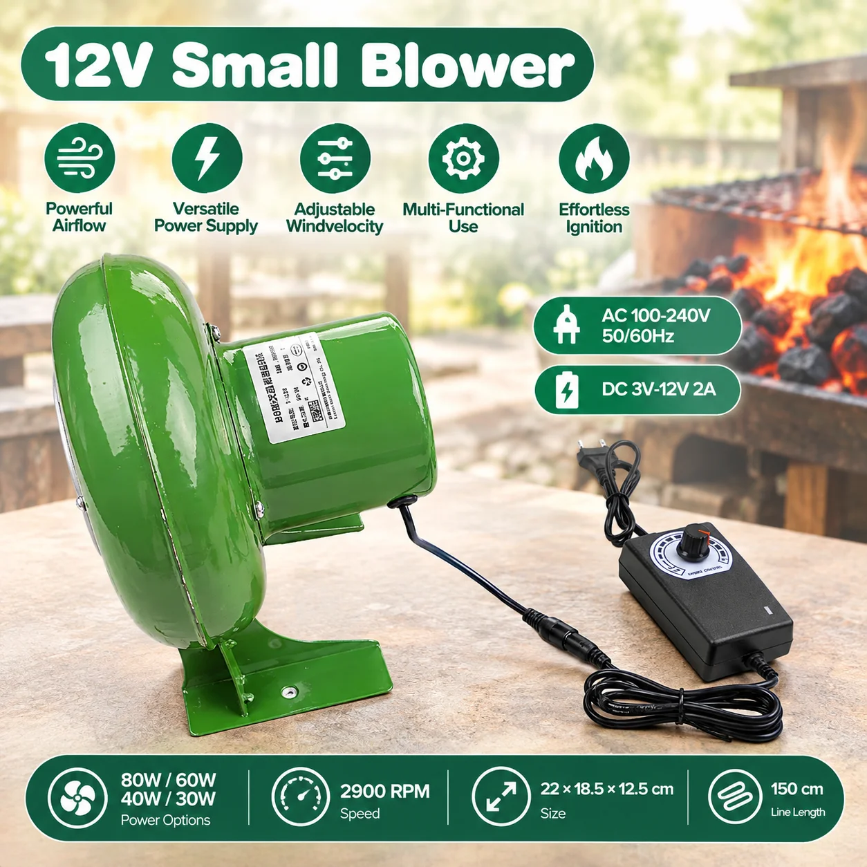 Adjustable Electric Blower Fan 220V AC 12V DC With Controller For Charcoal Grill For Blacksmith Stove Metal Smelting Fireplace