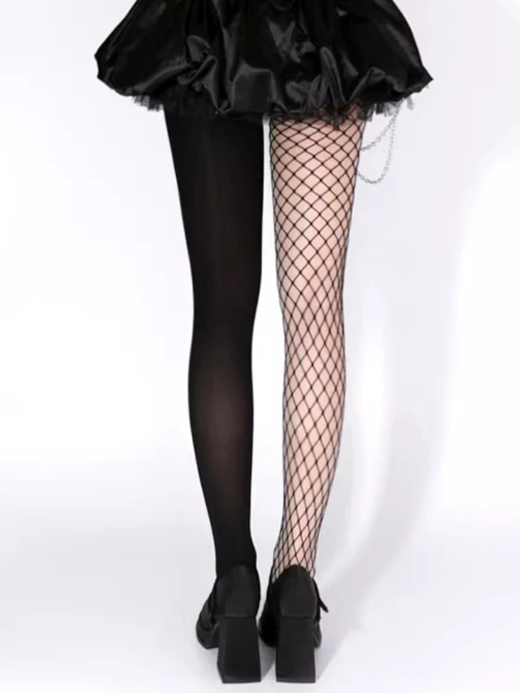 Gothic Punk Lolita AB Asymmetric JK Tights Women Sexy Summer Thin Fishnets Velvet Patchwork Pantyhose Y2K Sweet Cool Stockings