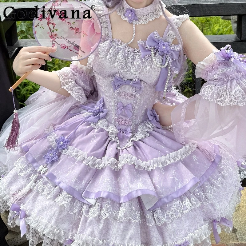 

Original Japanese Lolita Purple Lolita Dress Set New Girls Woman's Sweet Bow Lace Sing Dress Jsk Chinese Style Lo Cos Dresses