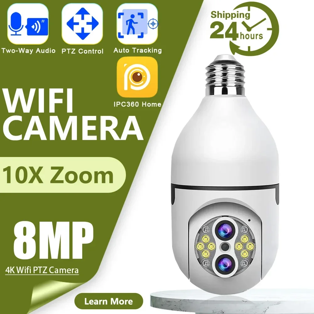 

4K 8MP 10X PTZ Zoom E27 Bulb WiFi Camera Dual Lens Auto Tracking Two Way Audio Color Night Vision Outdoor Survalance Monitor Cam