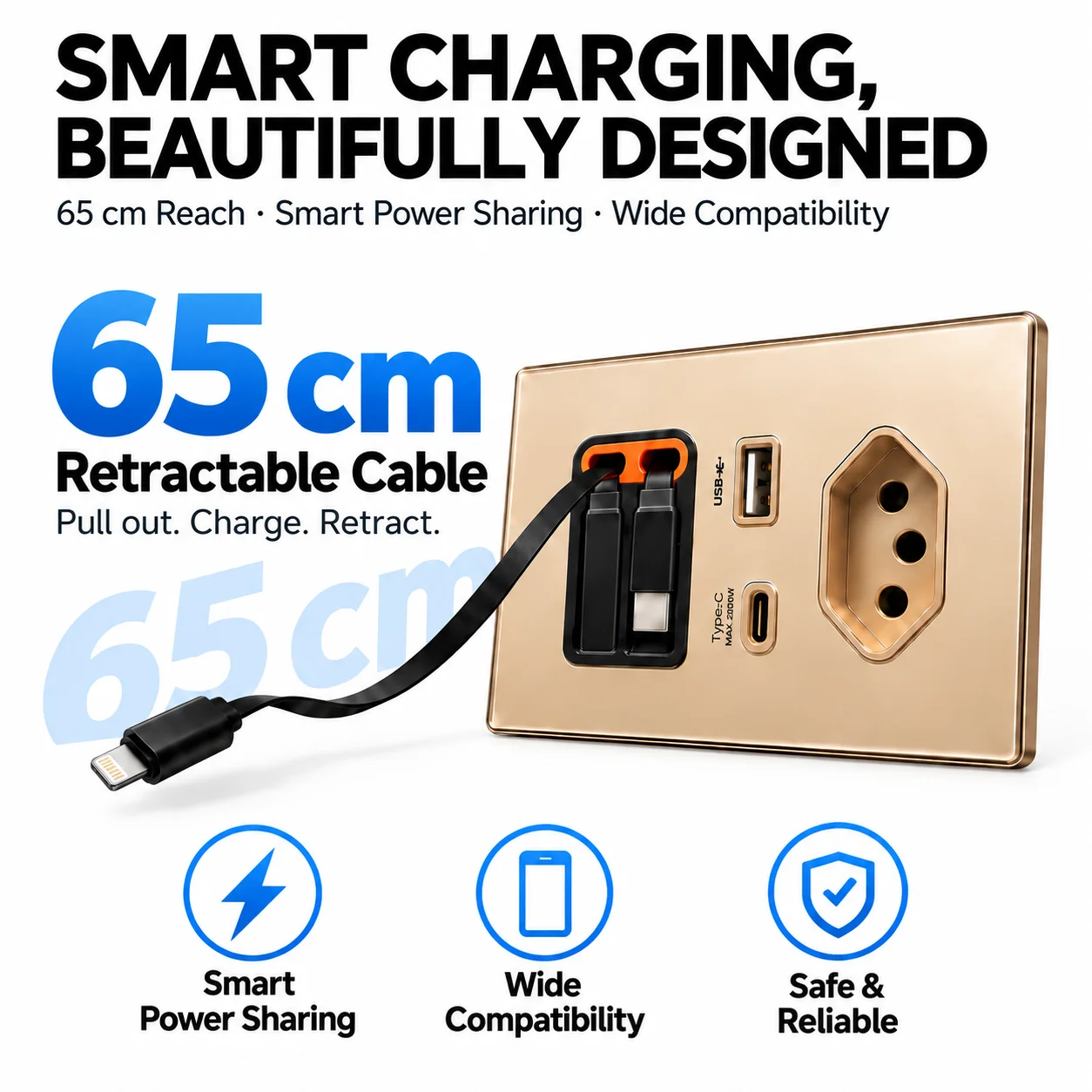 ELEGAN Brazil Type N 20A Wall Socket with 20W Fast charging PD USB-C USB-A Dual Retractable Cables Tempered Glass Panel