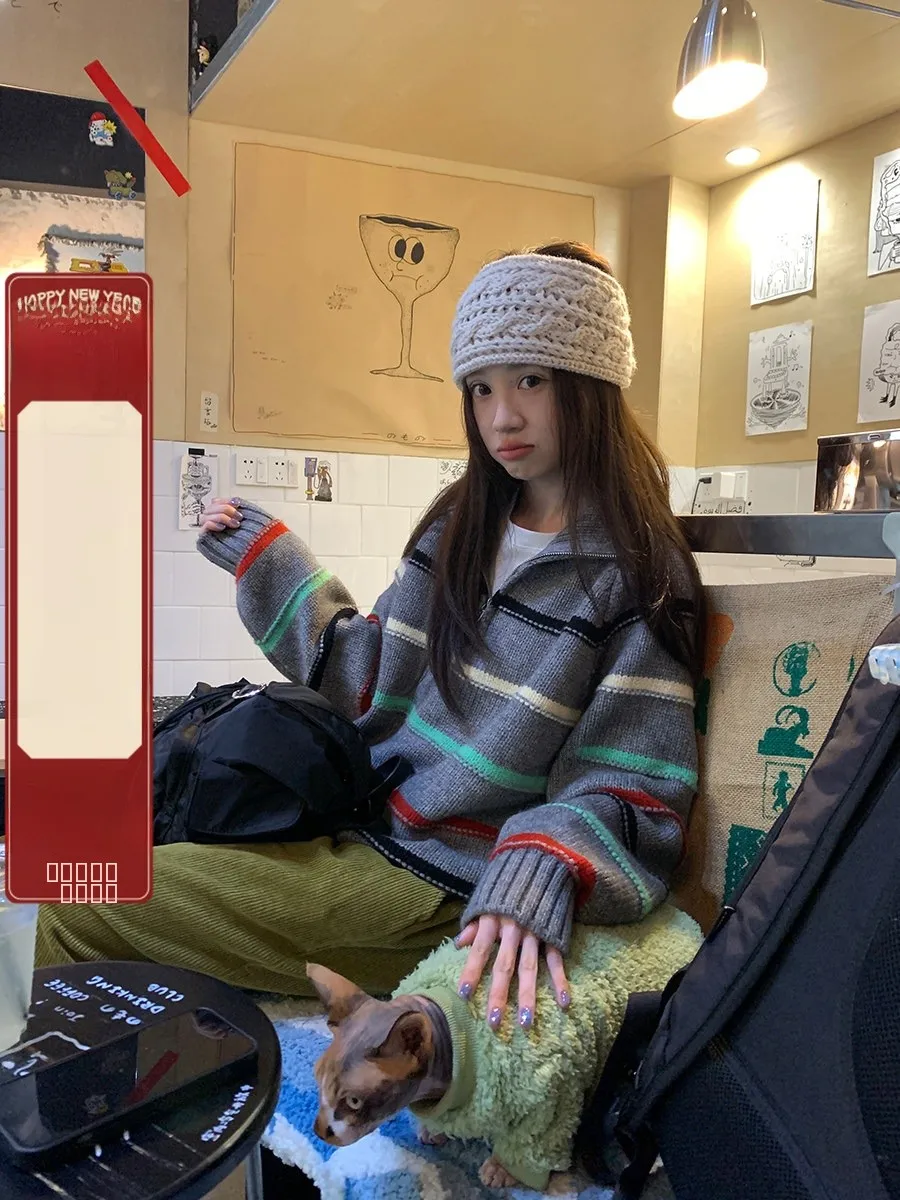 

Женский вязаный свитер оверсайз Sinbounboun с молнией, в полоску, с цветными блоками, повседневный, с длинными рукавами, воротником-стойкой