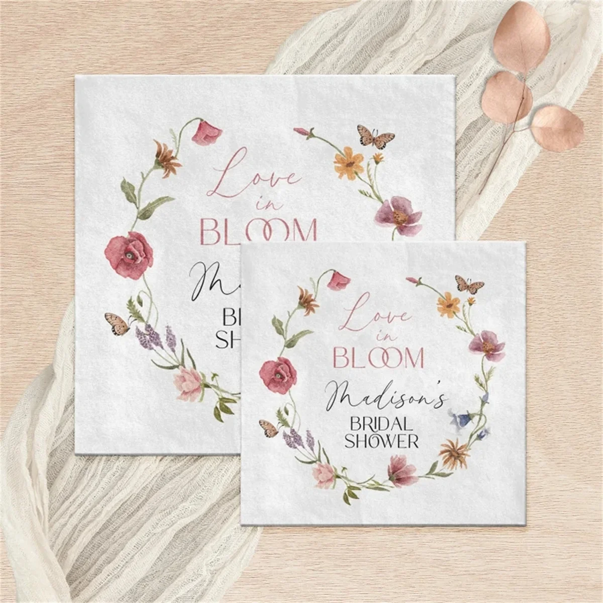 50 PCS Personalized Wildflower Bridal Shower Napkins - Love in Bloom | Custom Floral Wildflower Bridal Brunch Table Napkins | Pr