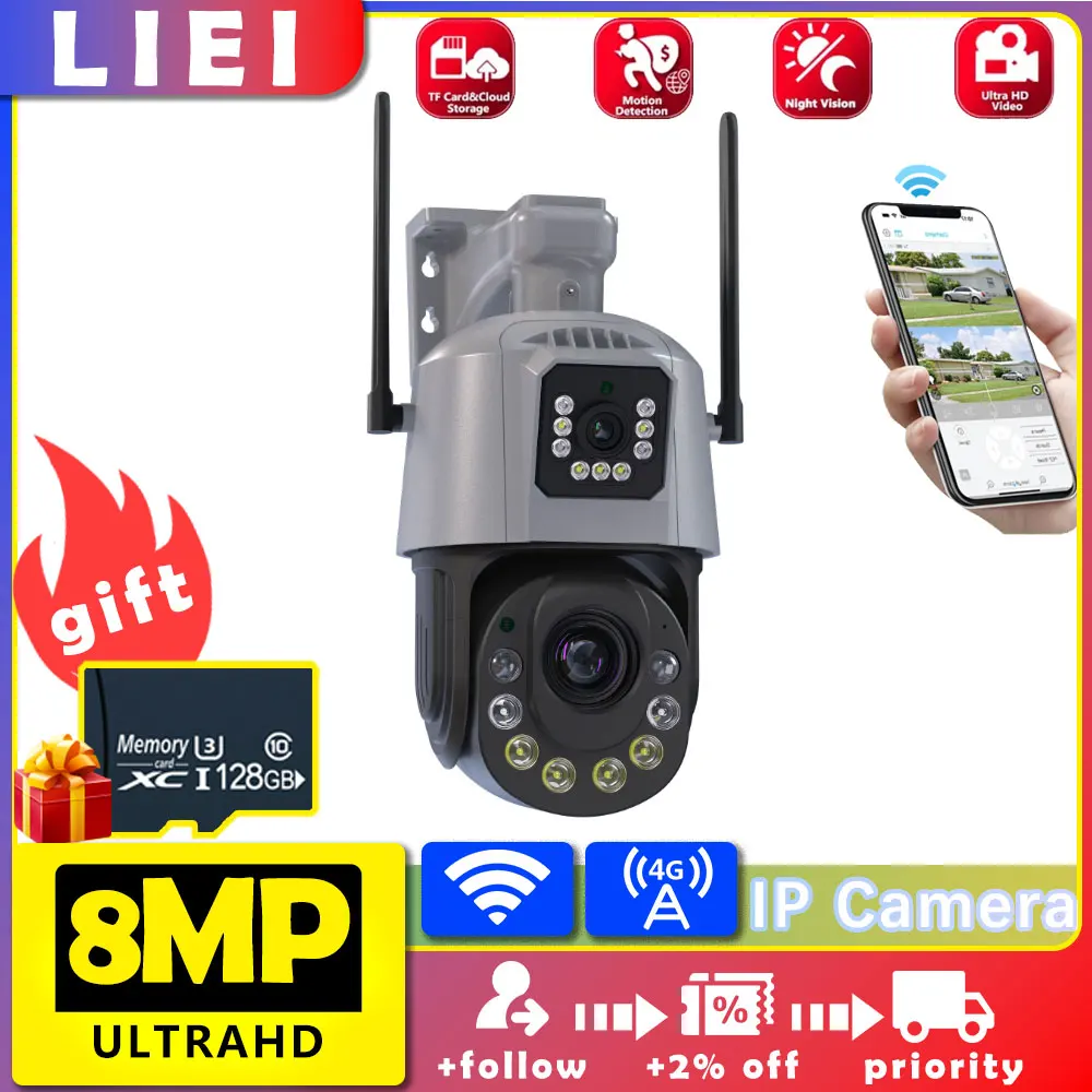 

LIEI PTZ WIFI Cam Dual Lens Dual Screen 4K 8MP UHD Camera Outdoor Auto Tracking CCTV Surveillance IP Cameras Security Protection