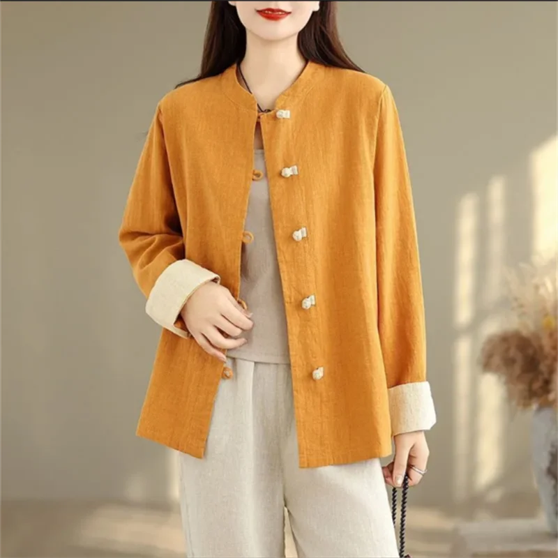 

Свободная женская рубашка в стиле ретро, пальто, китайская хлопково-льняная рубашка, контрастная верхняя одежда, топ в стиле ретро, кардиган, женская рубашка