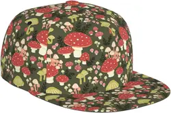 Mushrooms Pattern Flat Bill Hat, Unisex Snapback Baseball Cap Hip Hop Style Flat Visor Blank Adjustable Black