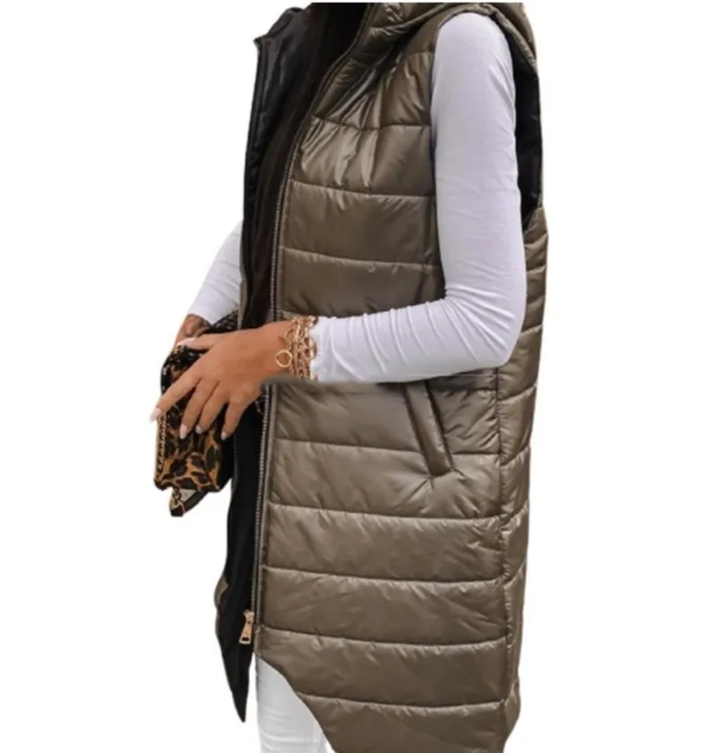 Winter Women\'s Shiny Long Vest Coat Solid Hooded Sleeveless Zipper Jacket Plus Size Warm Thick Casual Parka Outwear Fashion 2023