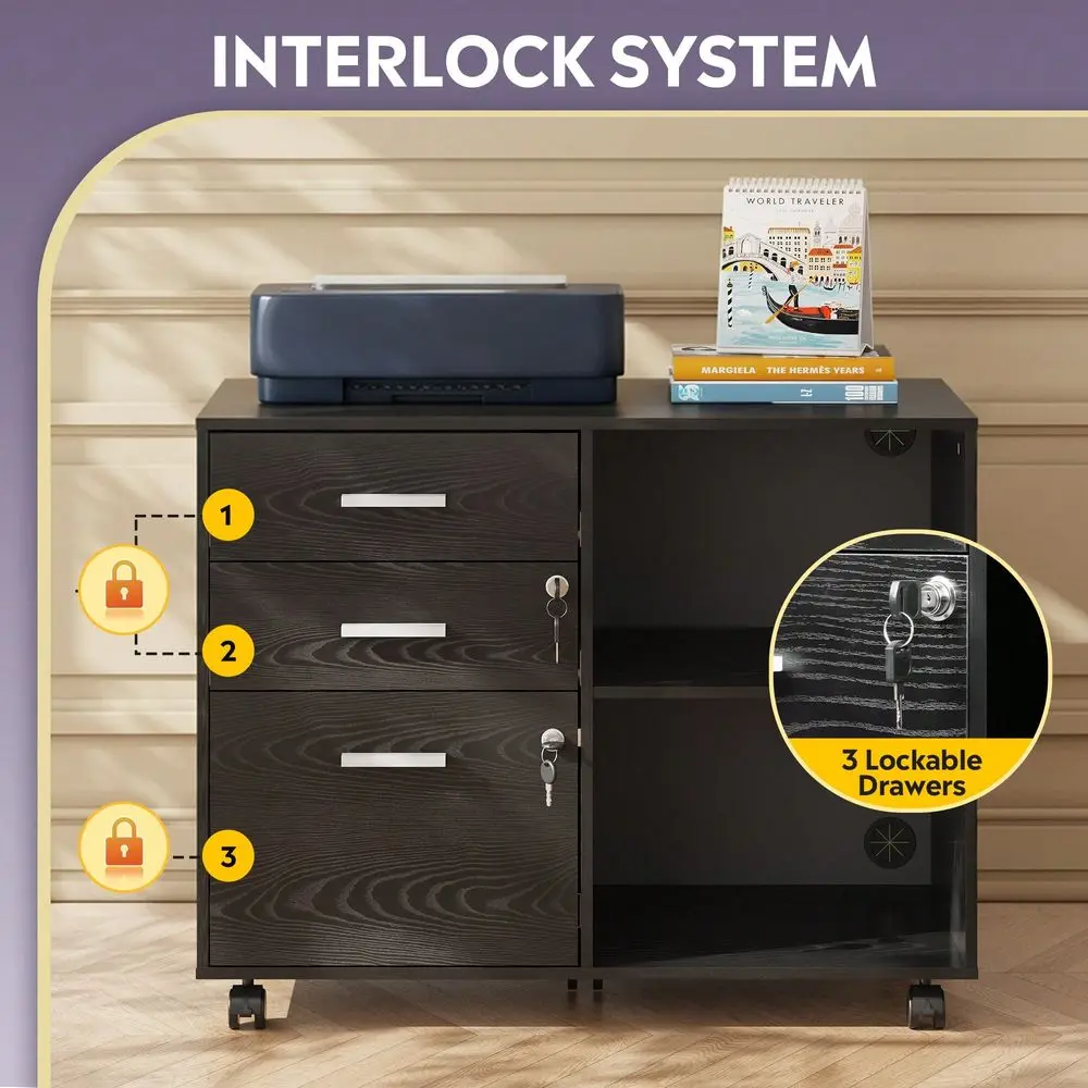 

Locking File Cabinet, Mobile Lateral Filing Cabinet, Printer Stand With Open Storage Shelves For Home Office